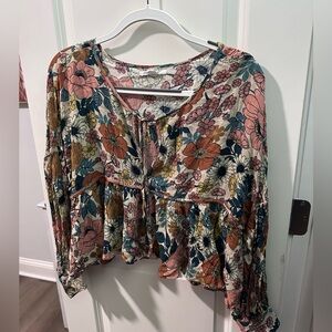 O'Neill Floral Tie-Front Peasant Blouse - Pink Multi